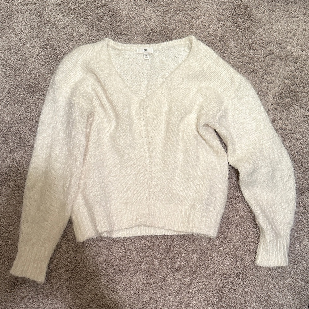 BP White Fuzzy V neck Women's Sweater